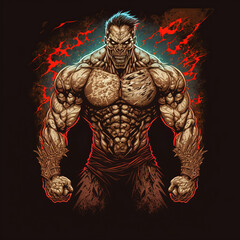 monster with huge muscles, horror, skull, character, comics, art illustration