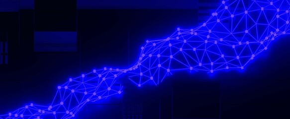 Neon plexus network on digital circuit board background. Geometric blue web data plexus with glowing 3d render file transfer and connection. Futuristic visualization of internet energy