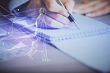 Poster - Start up creative drawing over close up hands in notepad background. Concept of brainstorming. Double exposure
