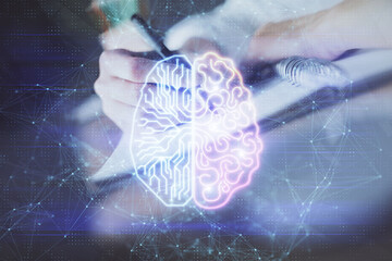 Poster - Multi exposure of writing hand on background with brain hologram. Concept of self learning.