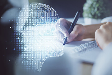 Poster - Multi exposure of writing hand on background with brain hologram. Concept of self learning.