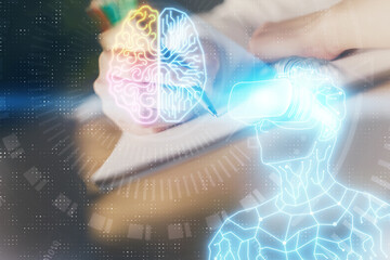 Poster - AR hologram over woman's hands taking notes background. Concept of augmented reality. Multi exposure