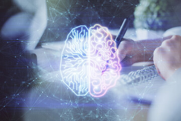 Poster - Multi exposure of writing hand on background with brain hologram. Concept of self learning.