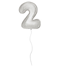 2 silver Birthday ballon. Number two glitter silver isolated metallic balloon number on transparent background. Design for sublimation designs, cards, invitations.