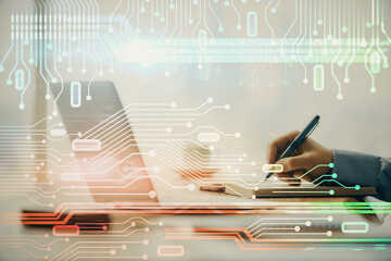 Aufkleber - Businessman with computer background with technology theme hologram. Concept of hightech. Multi exposure.