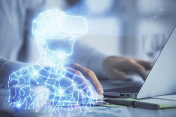 Poster - AR hologram with man working on computer on background. Augmented reality concept. Double exposure.