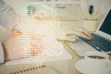 Poster - Man typing on keyboard background with brain hologram. Concept of big Data. Double exposure.