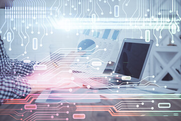 Poster - A man working on computer with technology theme drawing. Concept of big data. Multi exposure.