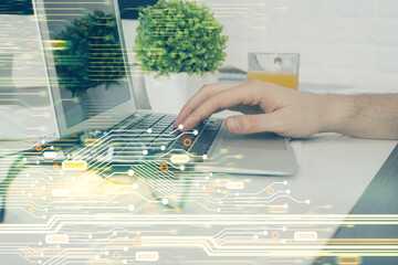 Poster - Multi exposure of tech drawings with man working on computer background. Concept of innovation.
