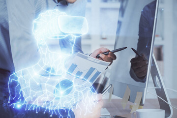Aufkleber - AR hologram with man working on computer on background. Augmented reality concept. Double exposure.