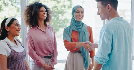 Aufkleber - Teamwork, business people and handshake for partnership, collaboration or deal in office meeting. Thank you, welcome and group of employees shaking hands for agreement, greeting or hiring contract.