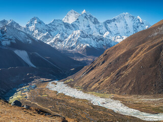 Wall Mural - view to mountain's valley with river and snow summits close to Everest in Nepal