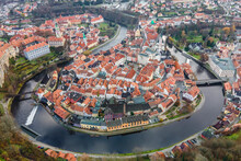 Aerial View Of Cesky Krumlov, A Beautiful Medieval Town Along The Vltava River In South Bohemia, Czech Republic.