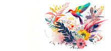 Arrangement Of Tropical Flowers And Plants, With Colorful Birds, And Coral, On An Isolated White Background
Generative AI