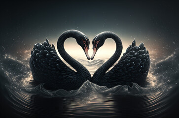 Wall Mural - two black swans forming a heart. Generative AI picture.