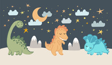 Kid Nursery Mural Wallpaper With Sleeping Dinosaurs, Nights And Stars, Vector Hand Drawn Illustration
