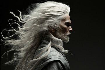Portrait of a man with long white hair on black background with copy space - not based on a real person, Generative AI
