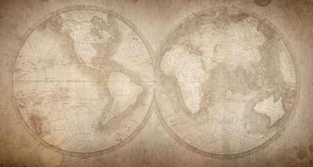 Aufkleber - Old geographical map of the world of the 18th century. A good background for design on the theme of travel, geography, history, voyage, etc. Ancient map background.