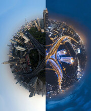 Aerial 360 Degrees View Of Shanghai Cityscape Half Day And Half Night, China.