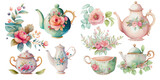 Fototapeta Koty - Cute princess tea set collection with florals. Watercolor elements for card decoration or scrapbooking. Isolated cups and mugs for fun stickers, menus, invitations, towels. AI generative