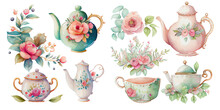 Cute Princess Tea Set Collection With Florals. Watercolor Elements For Card Decoration Or Scrapbooking. Isolated Cups And Mugs For Fun Stickers, Menus, Invitations, Towels. AI Generative