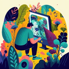 Wall Mural - Computer user in a lush garden, flat vector illustration made with Generative AI