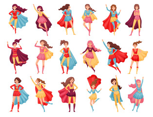 Wall Mural - Set of cute girls in superhero costumes and capes in different actions cartoon vector