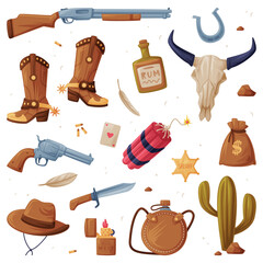 Sticker - Wild West Objects with Gun, Boots, Skull, Money Sack, Cowboy Hat and Dynamite Vector Set