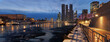 Panorama of frozen Moskva river and Moscow business center skyscrapers at nightfall