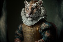 Created With Generative AI Technology. Portrait Of A Tiger In Renaissance Clothing