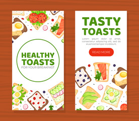 Healthy toasts mobile app and banner template set. Sandwiches with different natural nutritious ingredients landing page, card, menu, leaflet, flyer cartoon vector