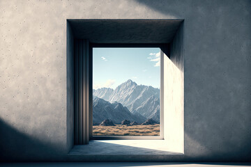 Poster - Illustration of a barren concrete room with a big window against a backdrop of nature. Generative AI