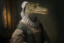 Created With Generative AI Technology. Portrait Of A Crocodile In Renaissance Clothing