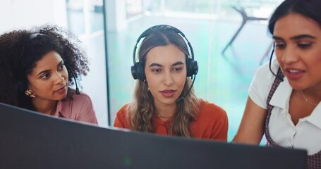 Poster - Business, women and call center with employee, manager and conversation for process, system and workplace. Female agents talking, headset and coworkers for customer support, telemarketing and support