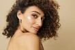 © SHOTPRIME STUDIO - Woman beauty face close-up applying anti-aging moisturizer with fingers of her hand, skin health nails and hair, hair dryer style curly afro hair, body and beauty care concept