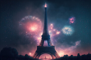 Wall Mural - Eiffel Tower in Paris with fireworks. Generative AI.