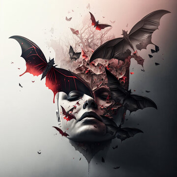 Wall Mural -  - Vampire with Horror Castle. Surrounded by Bats and Blood. Designed using Generative AI.
