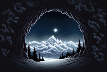 A Cave Or Stone Archway With A Moonlit Mountain Vista. Generative AI