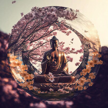 Buddha Statue With Cherry Blossom. Mediation And Zen Concept. Designed Using Generative Ai. 