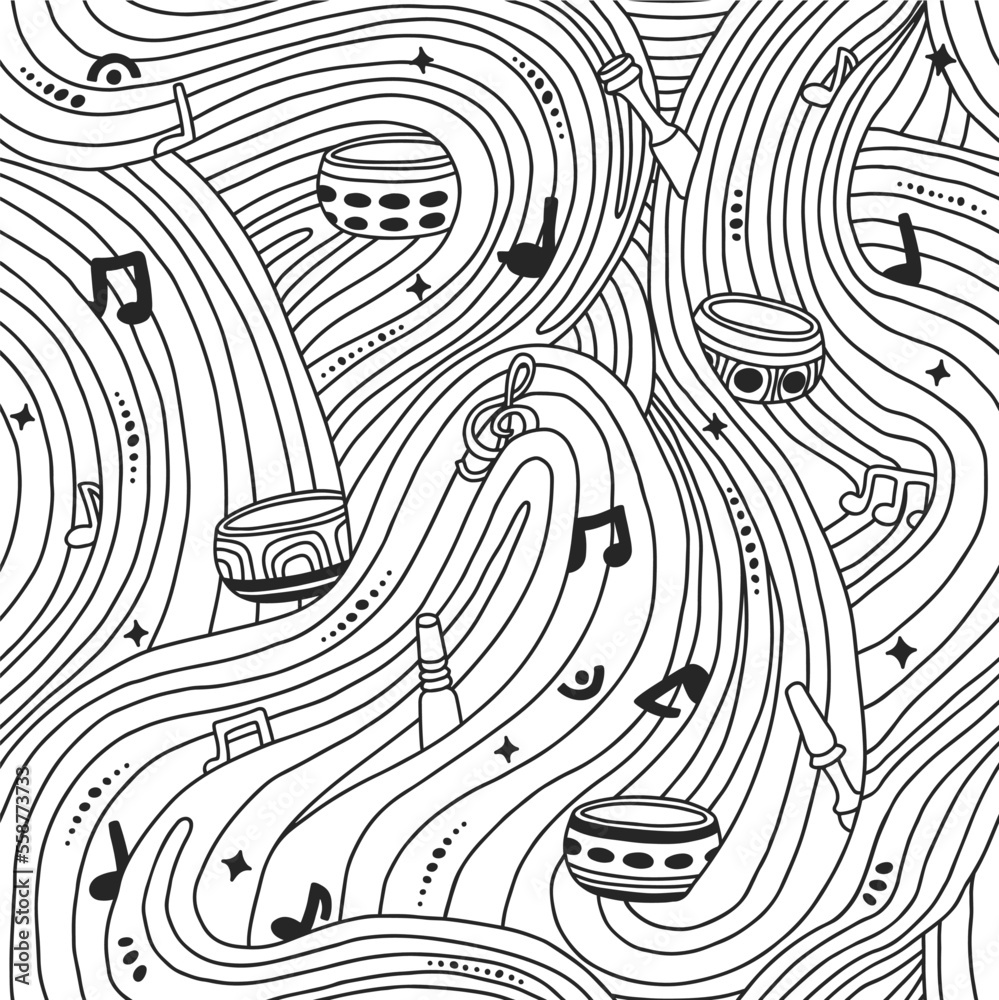 Singing bowl doodle pattern. Tibetan bowls, sound, wooden sticks ...