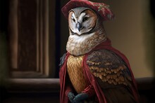 Created With Generative AI Technology. Portrait Of A Owl In Renaissance Clothing