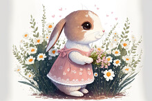 White Hare With Pink Clothing And Flowers Is Adorable. Generative AI