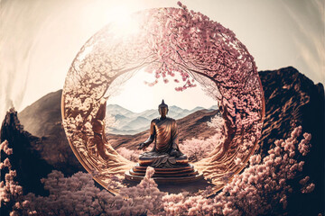 Buddha statue with cherry blossom. Mediation and zen concept. Designed using generative ai. 