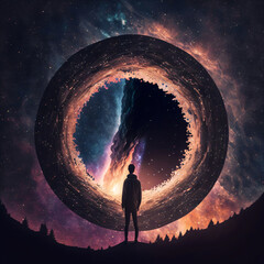 Wall Mural - silhouette of a person standing in front of night sky with black hole. designed using generative ai