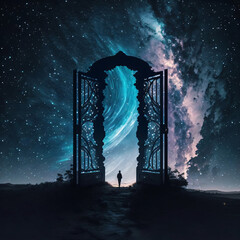 Wall Mural - silhouette of a person standing in front of night sky with gate to the stars. designed using generat
