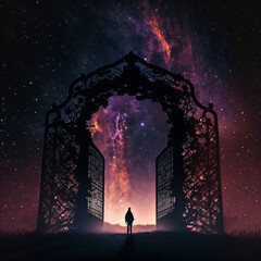 Wall Mural - silhouette of a person standing in front of night sky with gate to the stars. designed using generat