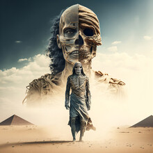 Undead Mummy Pharaoh With Sand And Pyramids. Designed Using Generative Ai. 