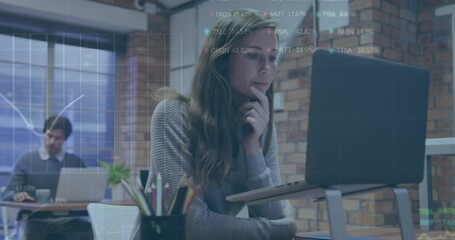 Poster - Animation of trading board and graphs over caucasian woman working on laptop at office