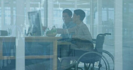 Aufkleber - Animation of graphs, diverse woman sitting on wheelchair discussing reports with coworker in office