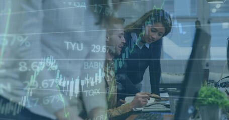 Poster - Animation of financial data processing over diverse business people in office